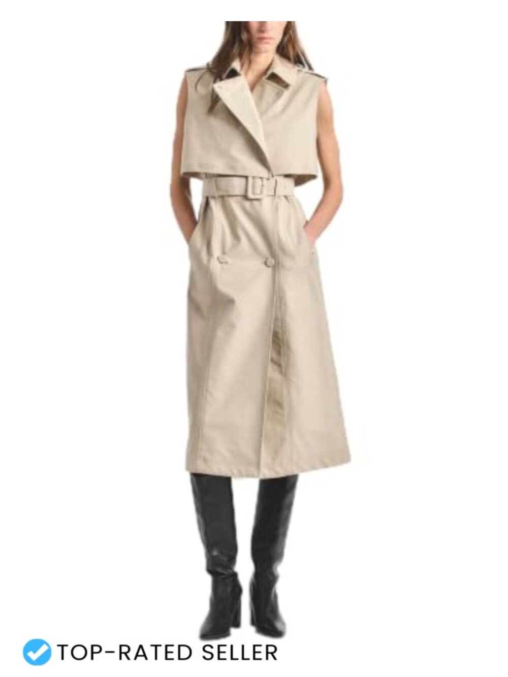 Stretch Cotton Twill Sleeveless Trench Blazer Belted Asymmetric